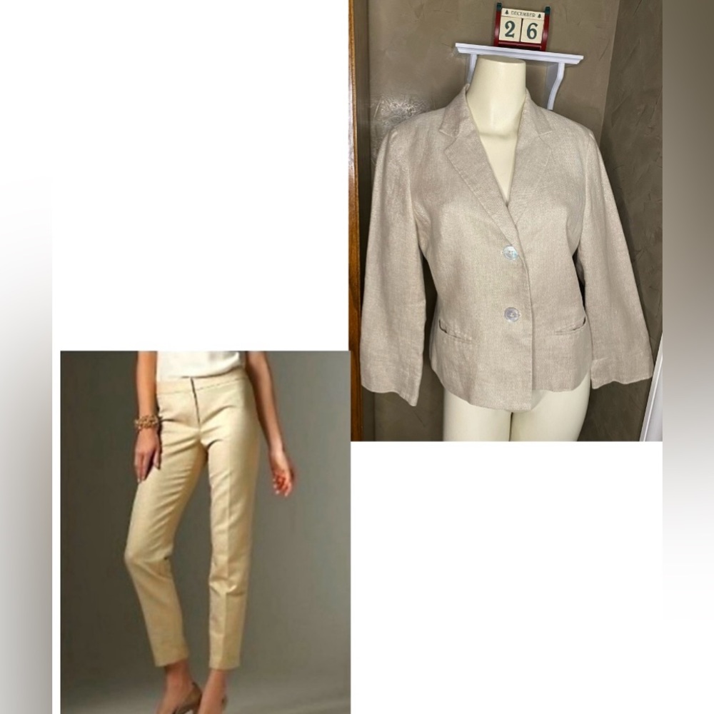 TALBOTS Signature 2 pc Womens Pants & Jacket Beige Gold Metallic Linen Blend